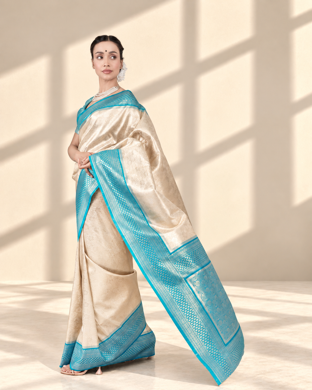 Champagne Gold Banarasi Silk Saree with Aqua Blue Zari Border and Matching Blouse Piece | Fall & Pico Ready