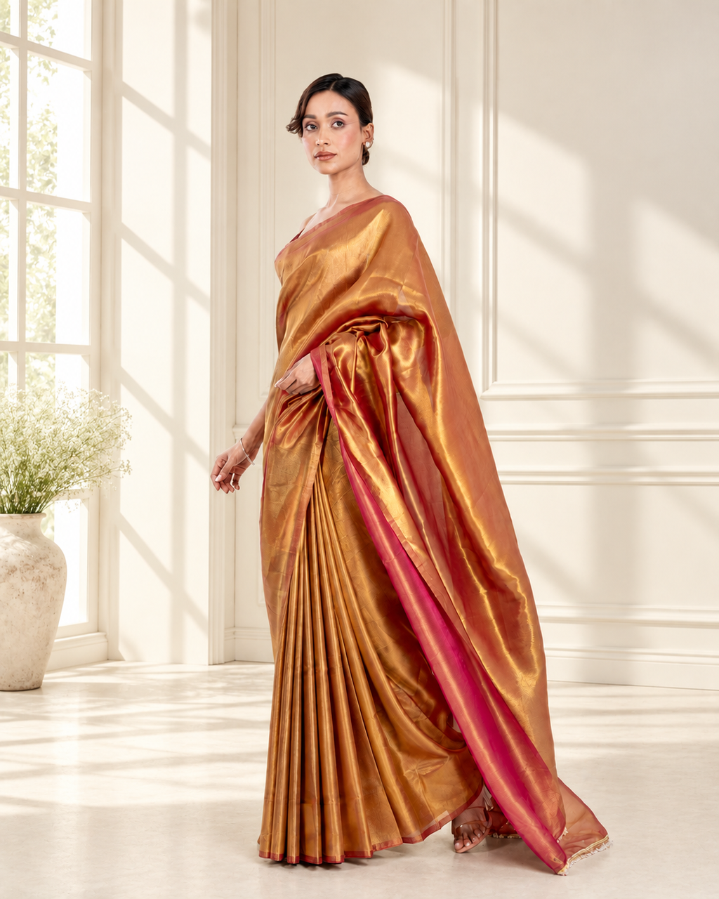 Antique Gold Viscose Zari Saree with Handcrafted Crystal Lace and Matching Blouse Piece | Fall & Pico Ready
