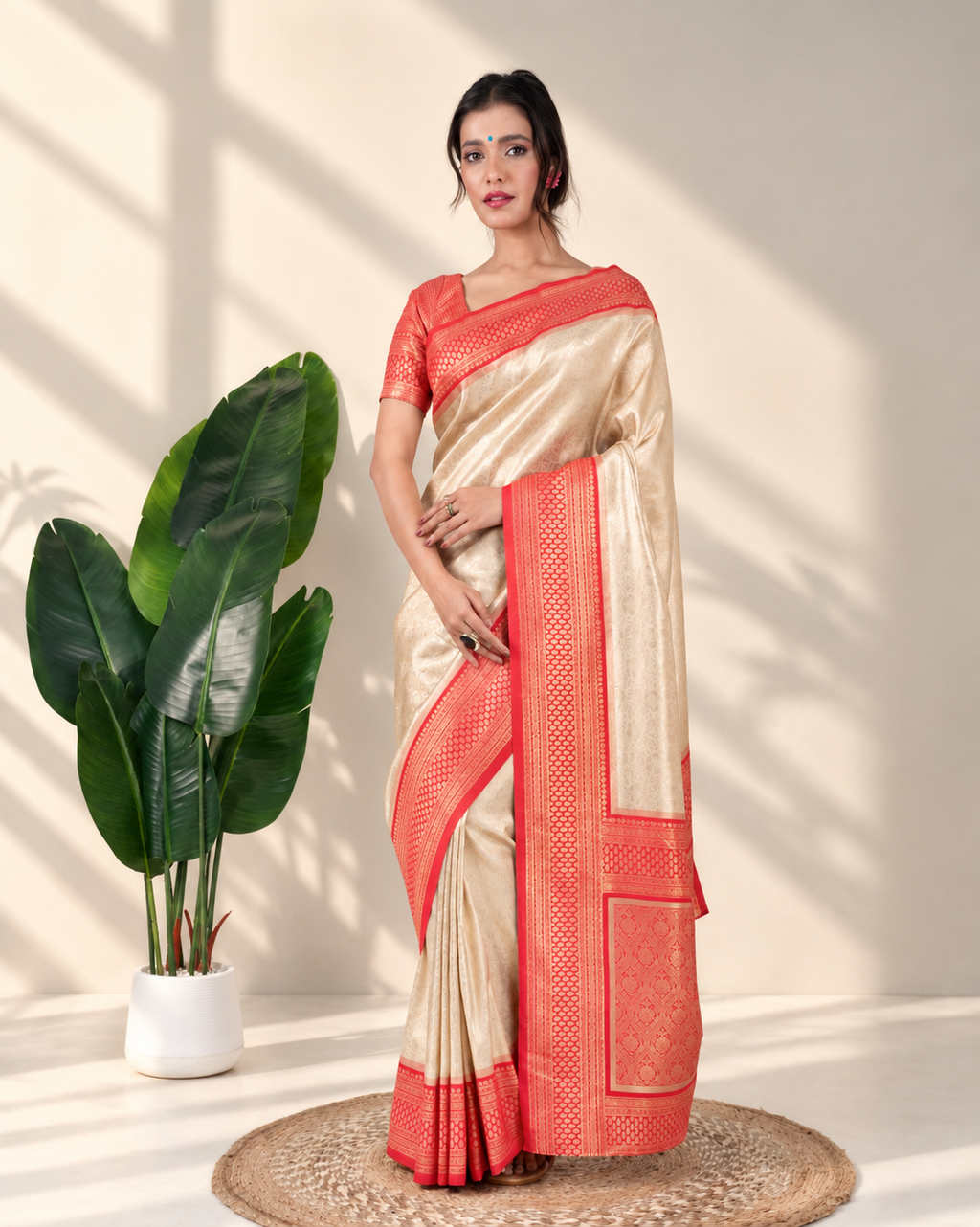 Champagne Gold Banarasi Silk Saree with Coral Zari Border and Matching Blouse Piece | Fall & Pico Ready
