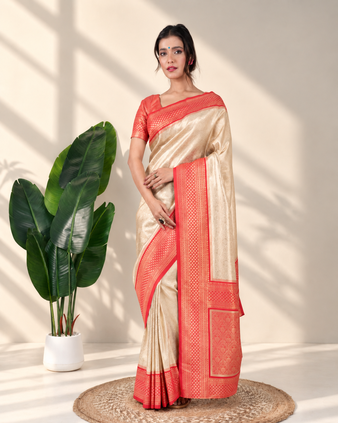 Champagne Gold Banarasi Silk Saree with Coral Zari Border and Matching Blouse Piece | Fall & Pico Ready