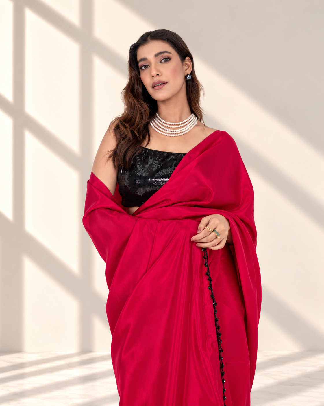 Ruby Red Silk Blend Saree with Handcrafted Black Lace and Matching Blouse Piece | Fall & Pico Ready