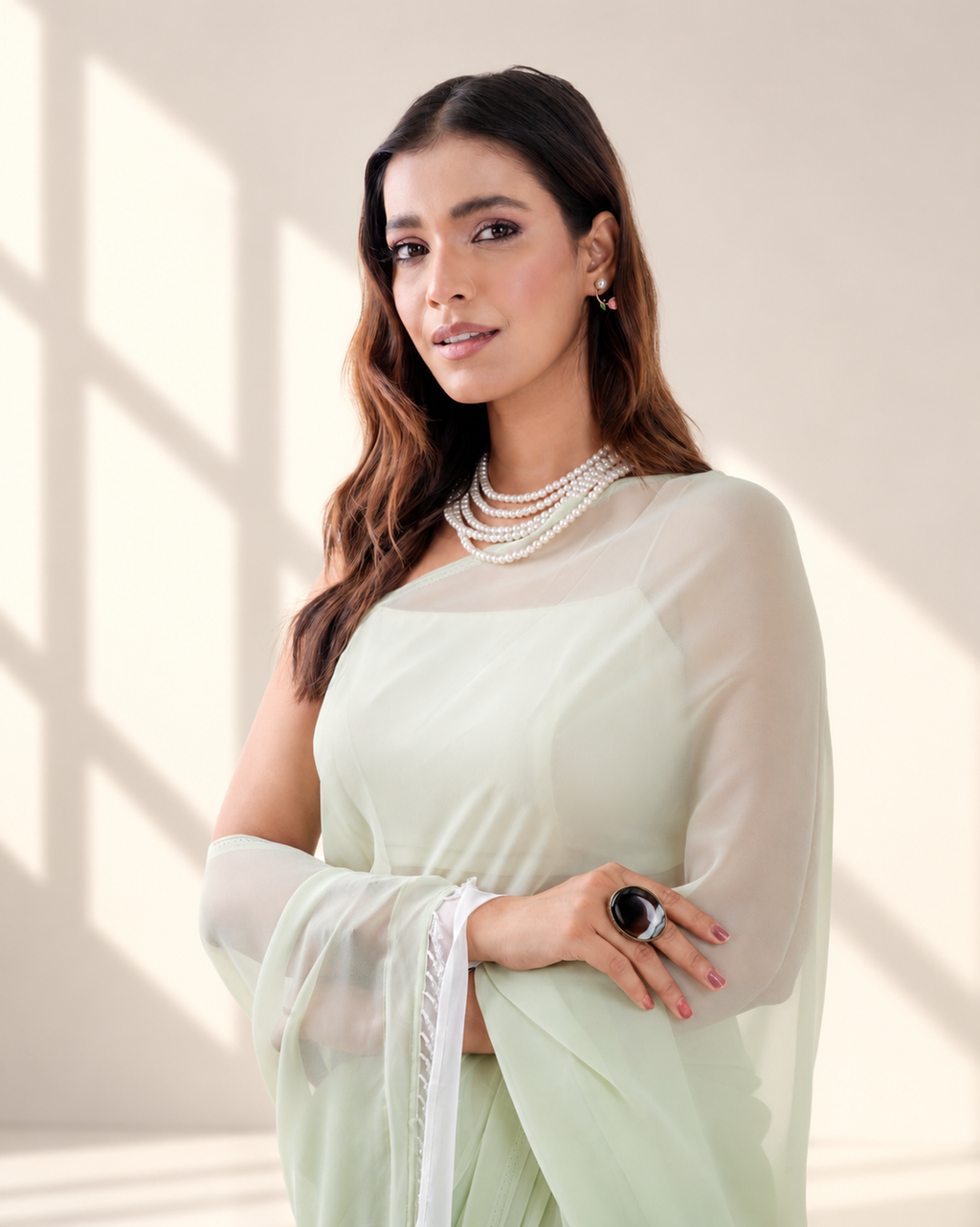 Sage Green Georgette Saree with Ivory Panel & Drop Lace Border with Self Blouse Piece | Fall & Pico Ready