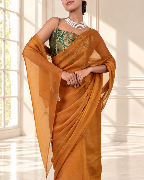 Amber Gold Iconic Chiffon Saree with Handcrafted Mirror Tassels and Matching Blouse Piece | Fall & Pico Ready