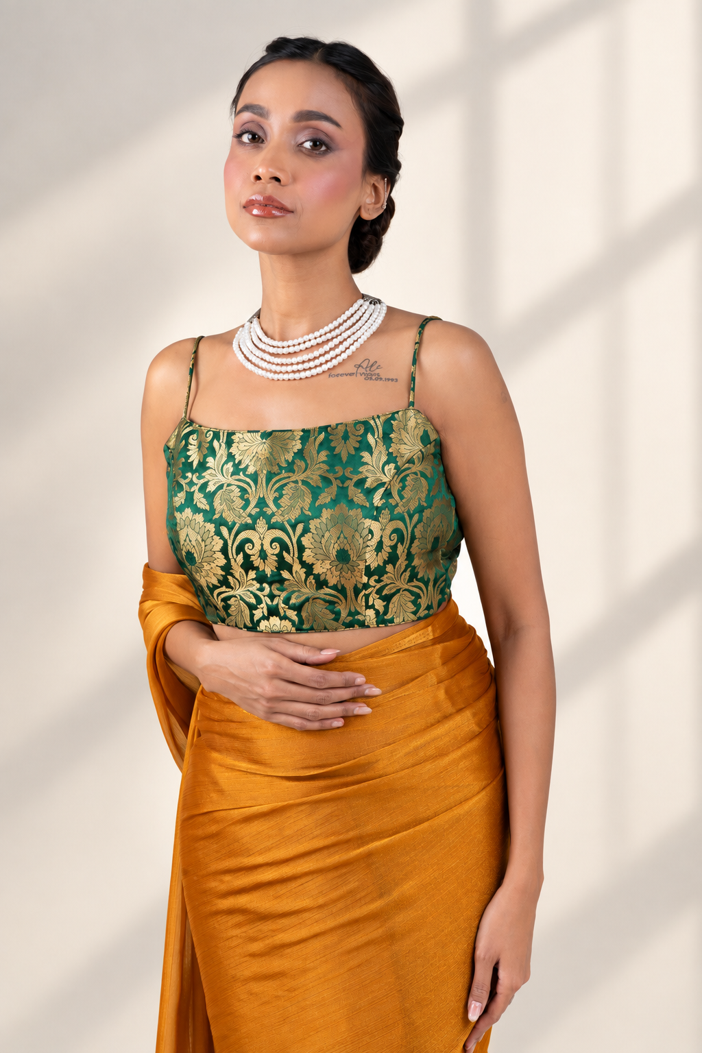 Emerald Green Brocade Spaghetti Strap Blouse with Gold Zari Weave