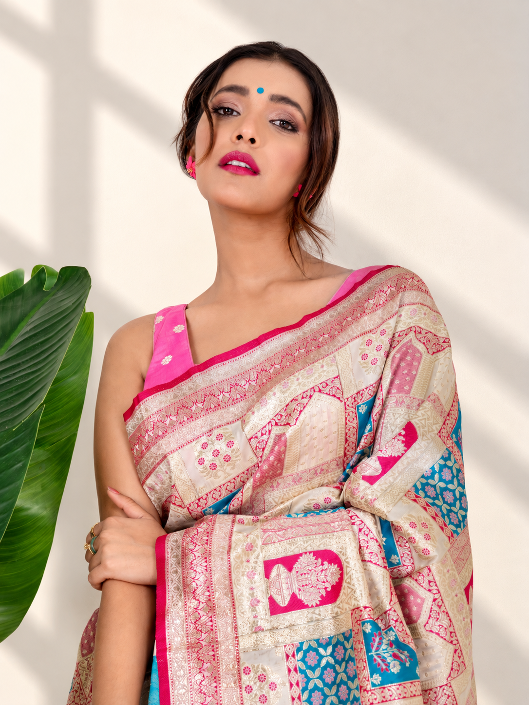 Ivory Pink Banarasi Silk Saree with Heritage Woven Pallu and Matching Blouse Piece | Fall & Pico Ready