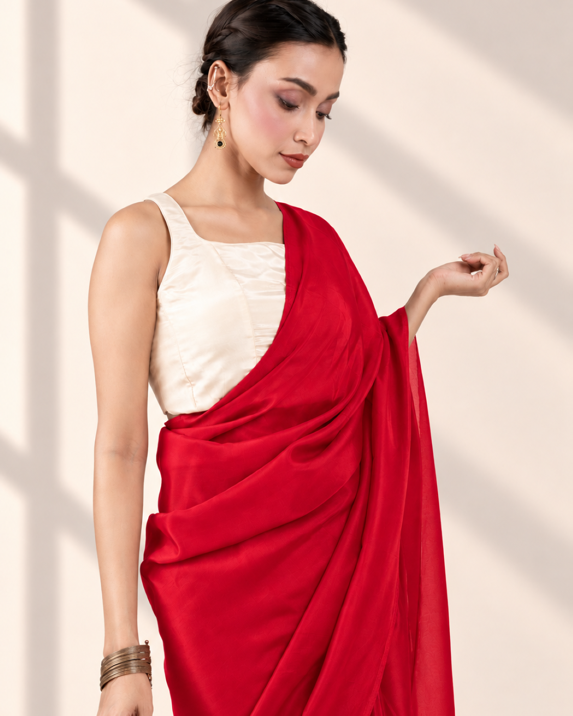 Scarlet Red Silk Blend Saree with Handcrafted Pearl Lace and Matching Blouse Piece | Fall & Pico Ready