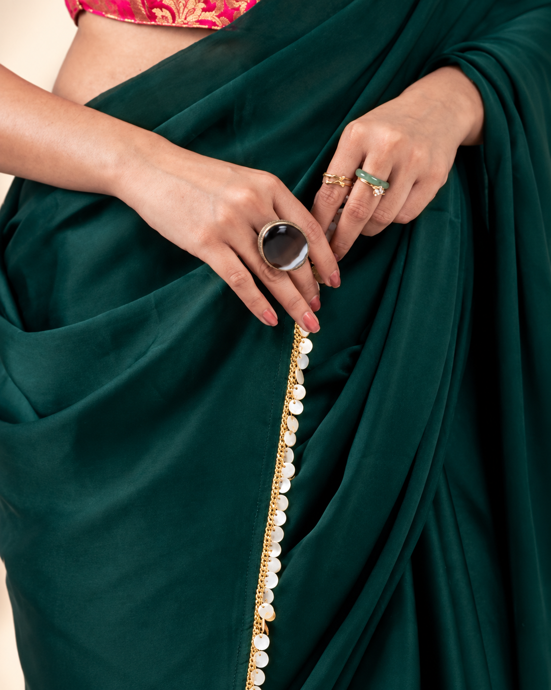 Emerald Green Satin Saree with Handcrafted Mother of Pearl Lace Border and Matching Satin Blouse Piece | Fall & Pico Ready