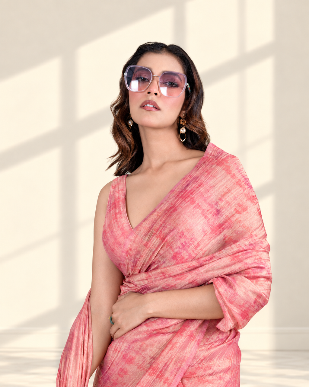 Blush Pink Printed Chiffon Woven Zari Saree with Self Blouse Piece | Fall & Pico Ready