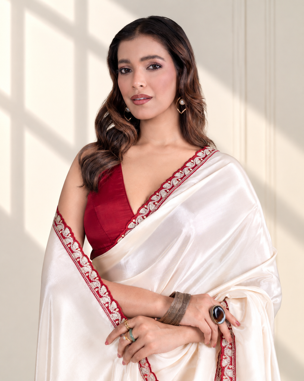 Ivory Silk Blend Saree with Maroon Embellished Border & Matching Blouse Piece | Fall & Pico Ready