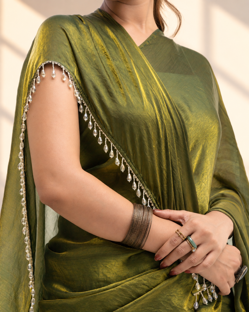 Olive Green Fendi Satin Saree with Handcrafted Crystal Drop Lace and Matching Blouse Piece | Fall & Pico Ready