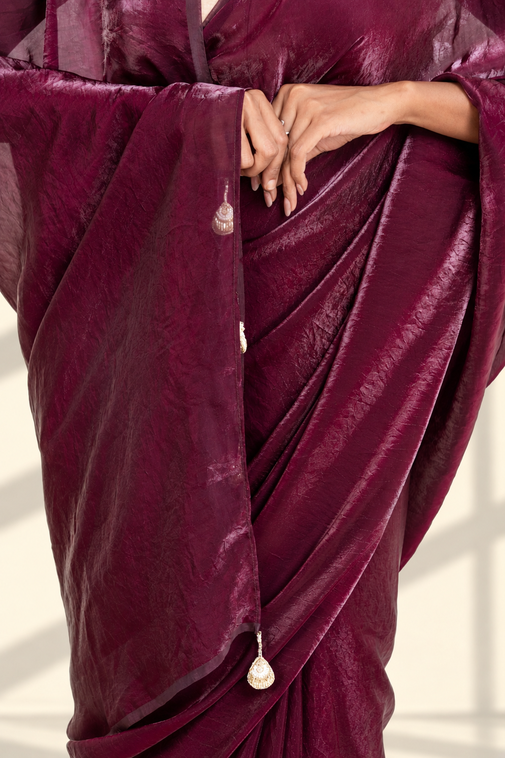 Wine Fendi Satin Saree with Handcrafted Pearl Tassels and Matching Blouse Piece | Fall & Pico Ready