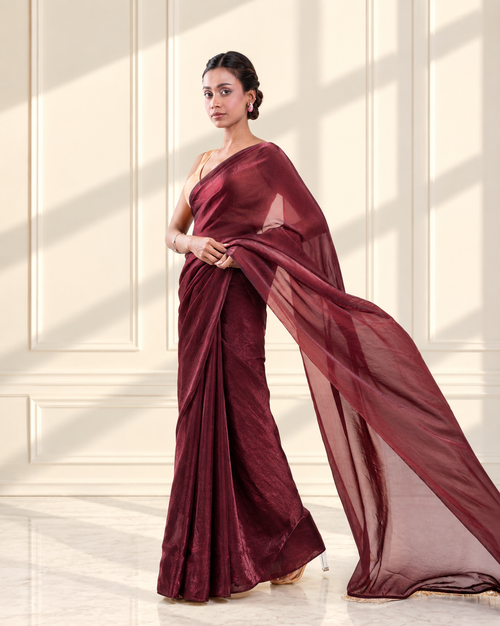 Burgundy Fendi Satin Saree with Handcrafted Beaded Lace and Matching Blouse Piece | Fall & Pico Ready