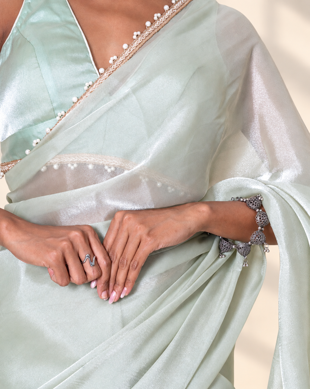 Mint Green Galaxy Organza Saree with Pearl Embellished Border & Self Blouse Piece | Fall & Pico Ready
