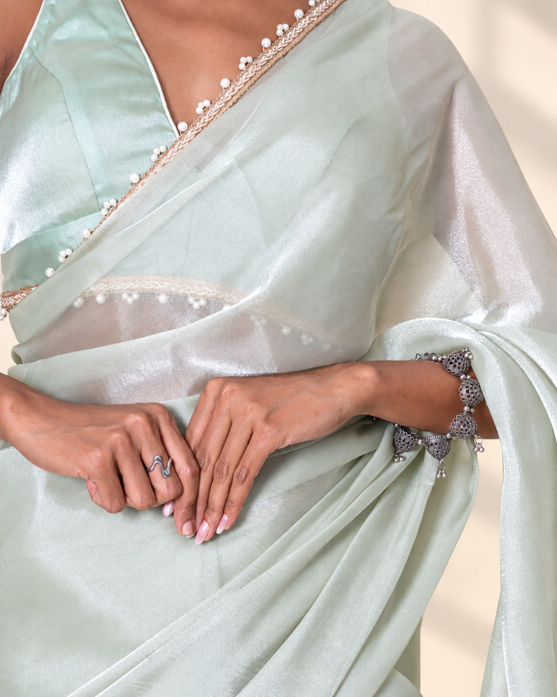 Mint Green Galaxy Organza Saree with Pearl Embellished Border & Self Blouse Piece | Fall & Pico Ready