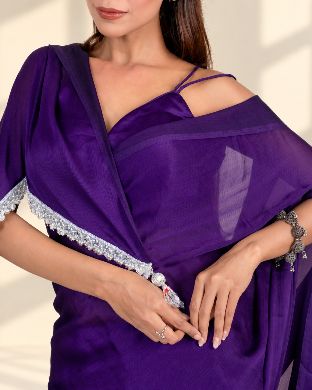 Royal Purple Natural Chiffon Saree with Embroidered Lace, Handcrafted Tassels and Matching Blouse Piece | Fall & Pico Ready