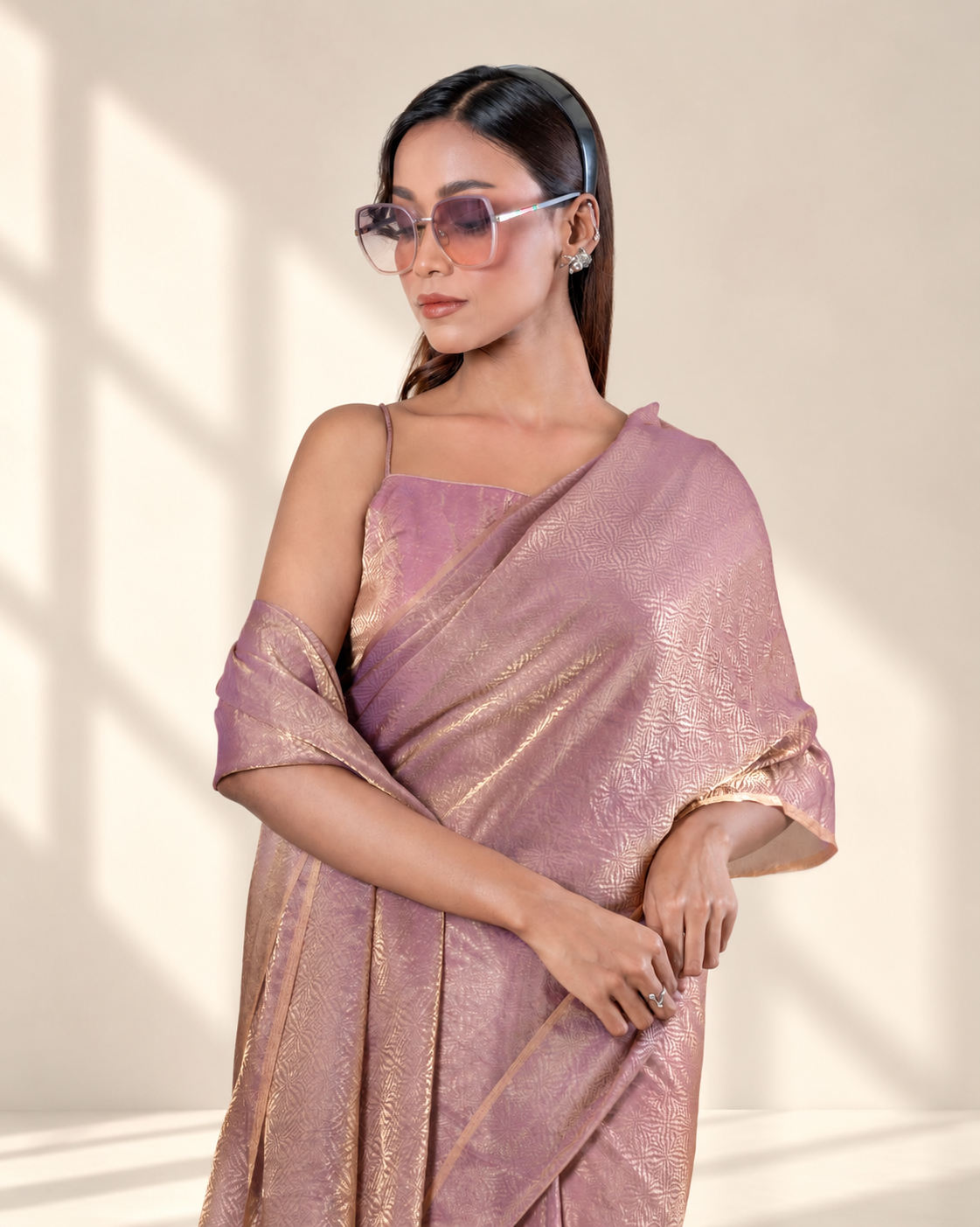 Dusty Mauve Fendi Satin Woven Zari Saree with Handcrafted Pearl Tassel Pallu and Matching Blouse Piece | Fall & Pico Ready