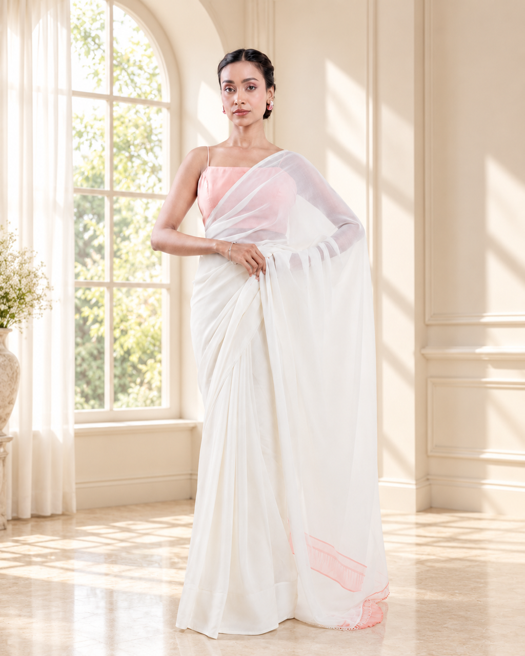 Ivory Georgette Saree with Blush Pink Panel & Drop Lace Border with Self Blouse Piece | Fall & Pico Ready