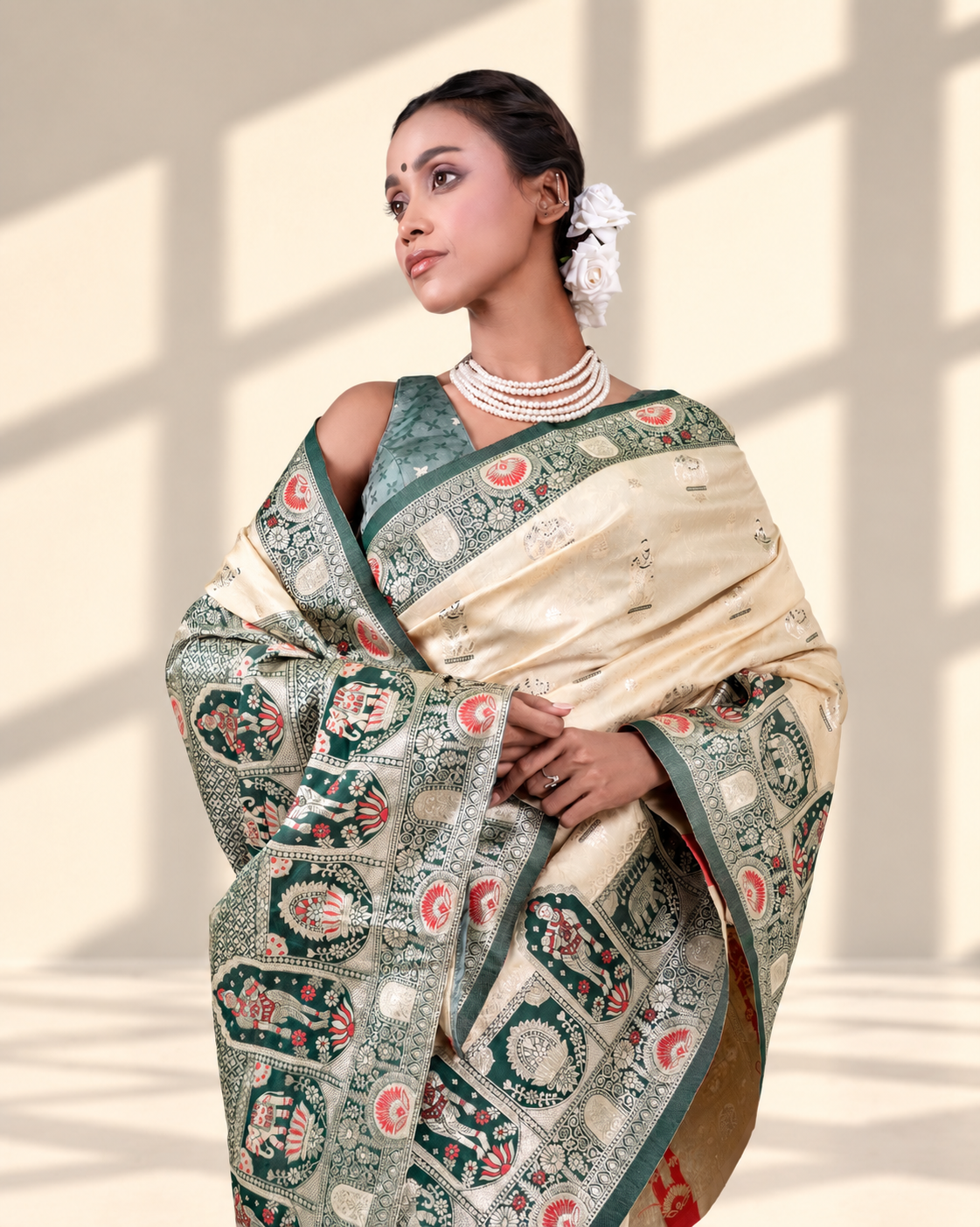 Royal Ivory Banarasi Silk Saree with Heritage Woven Temple Pallu and Matching Blouse Piece | Fall & Pico Ready