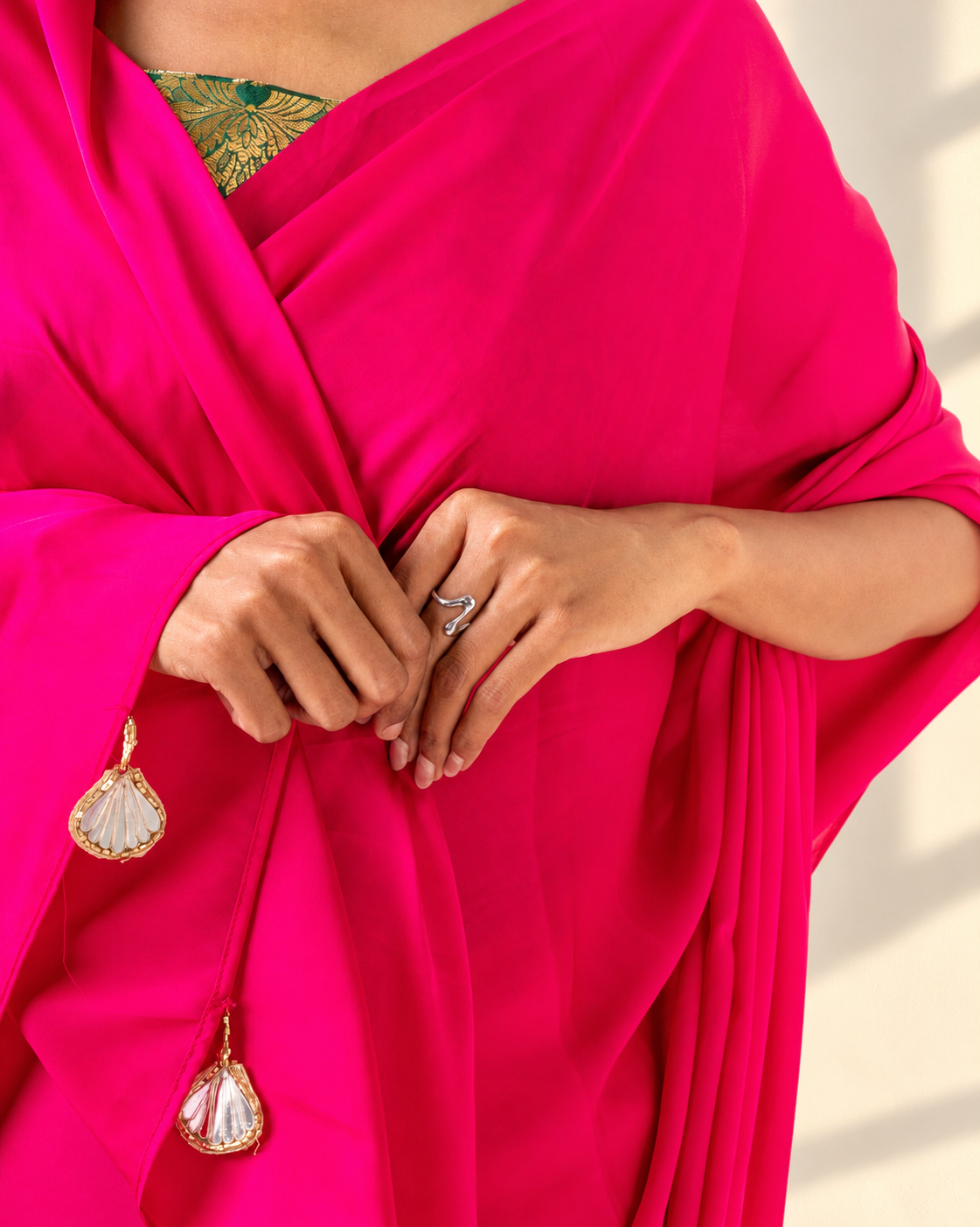 Hot Pink Satin Saree with Handcrafted Mirror Tassels and Matching Satin Blouse Piece | Fall & Pico Ready