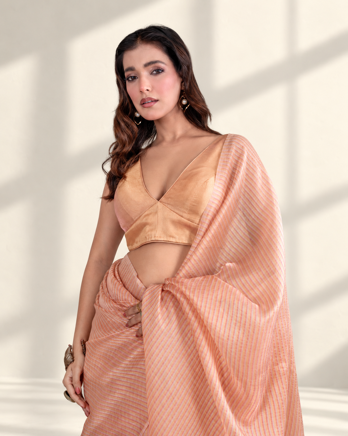 Peach Printed Chiffon Woven Zari Saree with Metallic Gold Blouse Piece | Fall & Pico Ready
