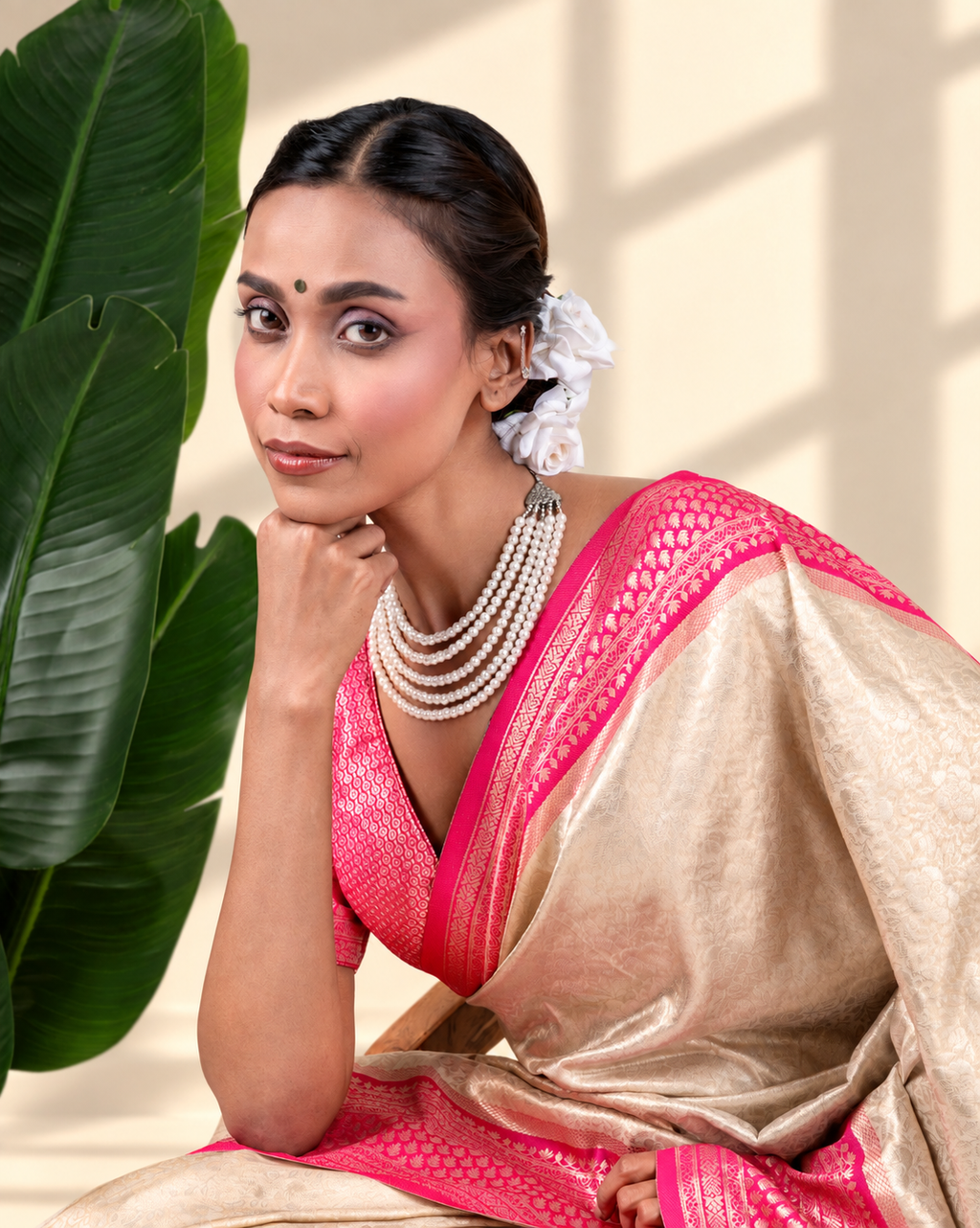 Champagne Gold Banarasi Silk Saree with Rani Pink Zari Border and Matching Blouse Piece | Fall & Pico Ready