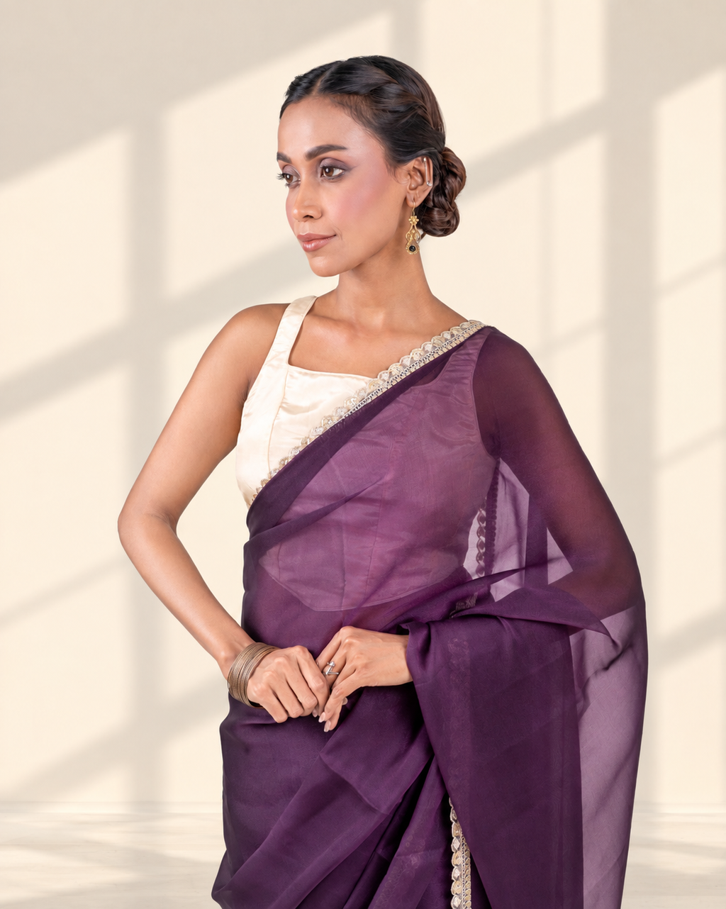 Royal Purple Sheer Organza Saree with Embroidered Lace and Matching Blouse Piece | Fall & Pico Ready