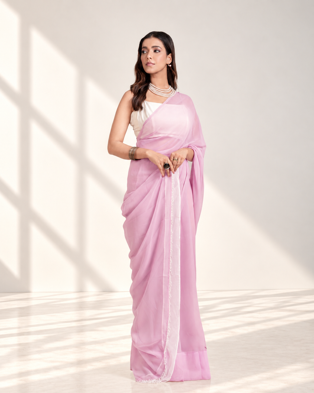 Lavender Georgette Saree with Ivory Panel & Drop Lace Border with Self Blouse Piece | Fall & Pico Ready
