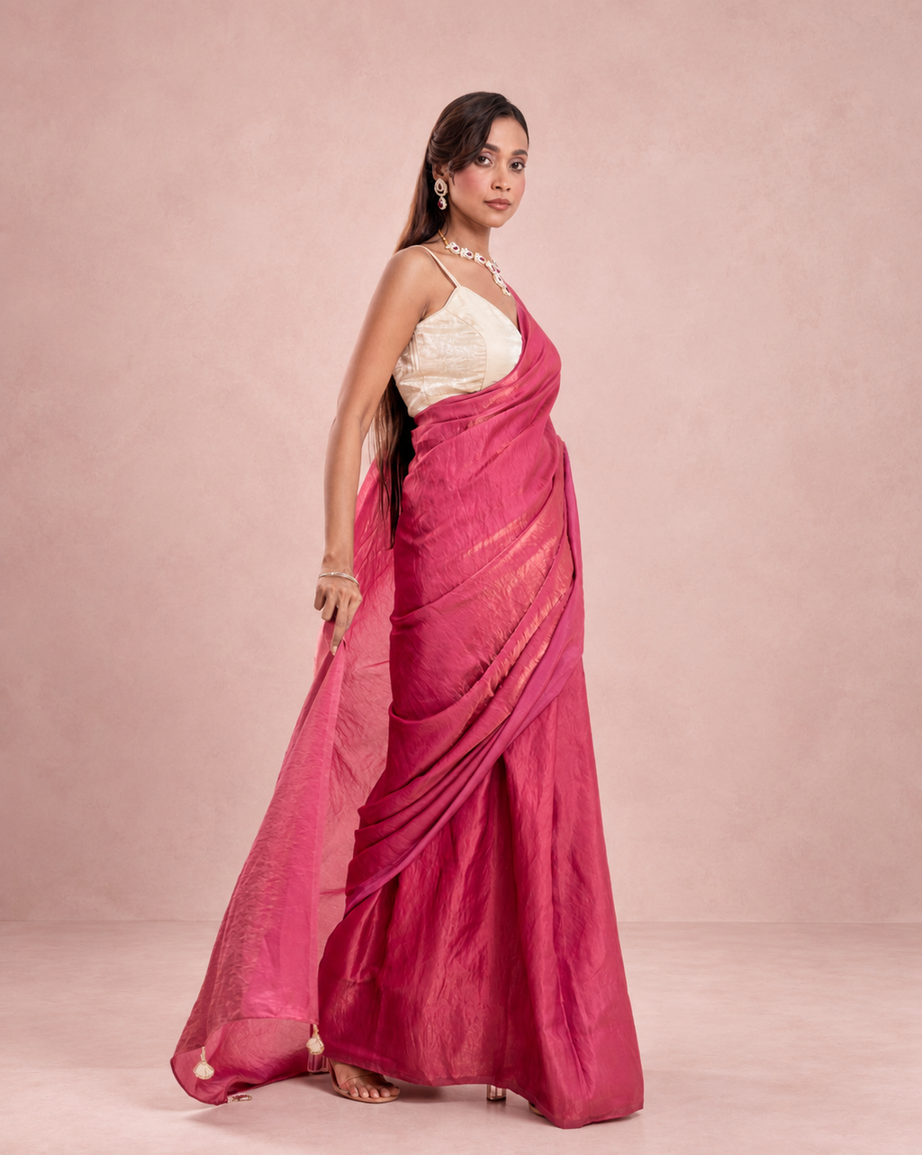 Rosewood Pink Cashino Saree with Handcrafted Pearl Tassels and Matching Blouse Piece | Fall & Pico Ready