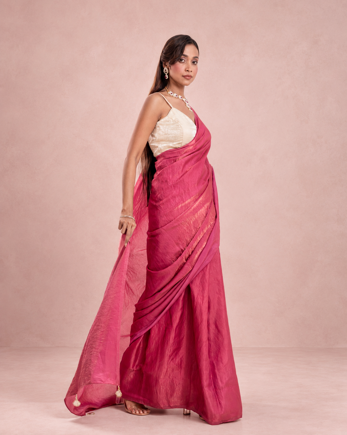 Rosewood Pink Cashino Saree with Handcrafted Pearl Tassels and Matching Blouse Piece | Fall & Pico Ready