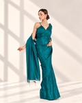 Deep Peacock Green Silk Blend Saree with Embroidered Lace and Matching Blouse Piece | Fall & Pico Ready