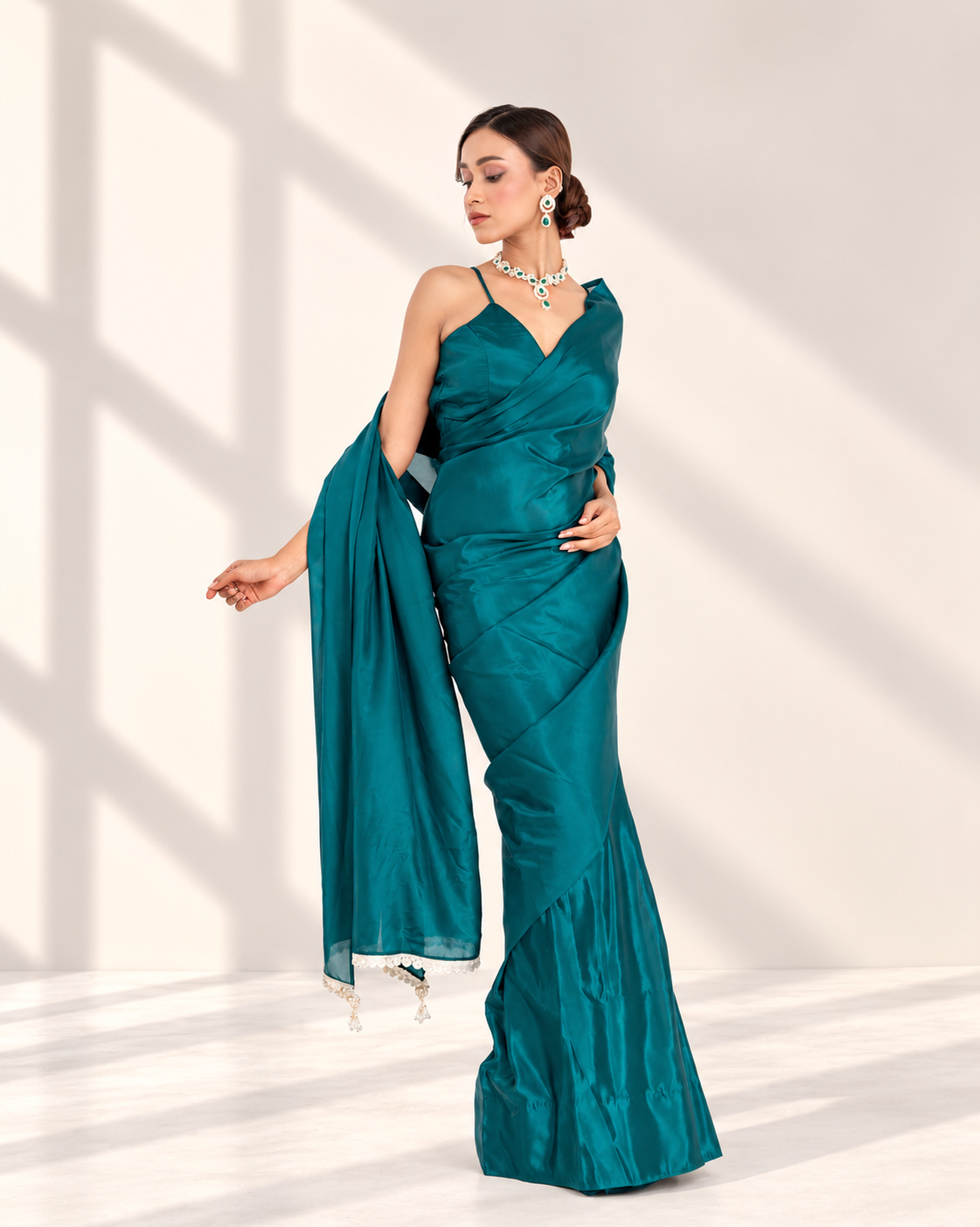 Deep Peacock Green Silk Blend Saree with Embroidered Lace and Matching Blouse Piece | Fall & Pico Ready