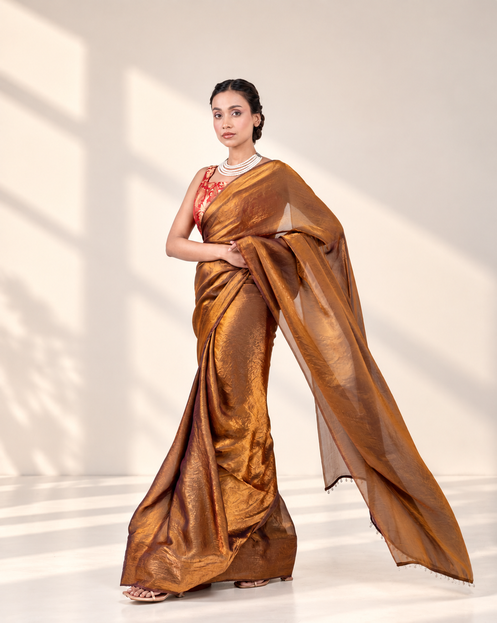 Antique Bronze Fendi Satin Saree with Handcrafted Crystal Drop Lace and Matching Blouse Piece | Fall & Pico Ready