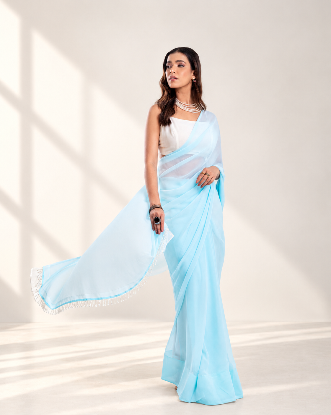 Powder Blue Georgette Saree with White Panel & Drop Lace Border with Self Blouse Piece | Fall & Pico Ready