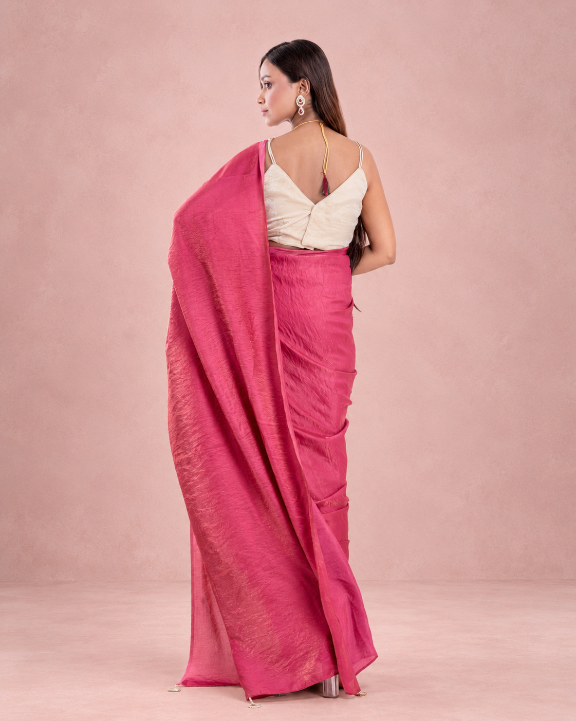 Rosewood Pink Cashino Saree with Handcrafted Pearl Tassels and Matching Blouse Piece | Fall & Pico Ready