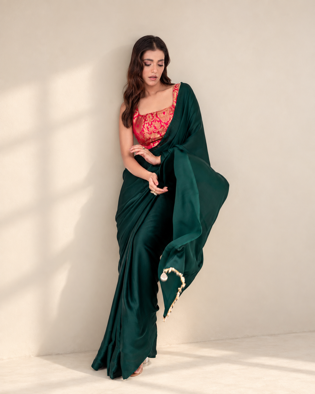 Emerald Green Satin Saree with Handcrafted Mother of Pearl Lace Border and Matching Satin Blouse Piece | Fall & Pico Ready