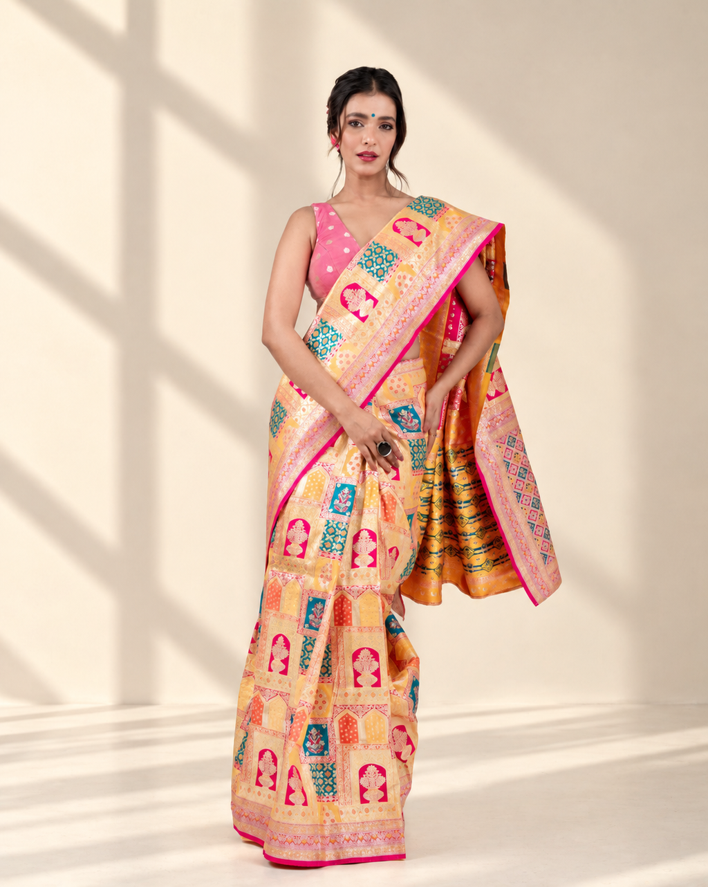 Sunlit Gold Banarasi Silk Saree with Heritage Woven Pallu and Matching Blouse Piece | Fall & Pico Ready