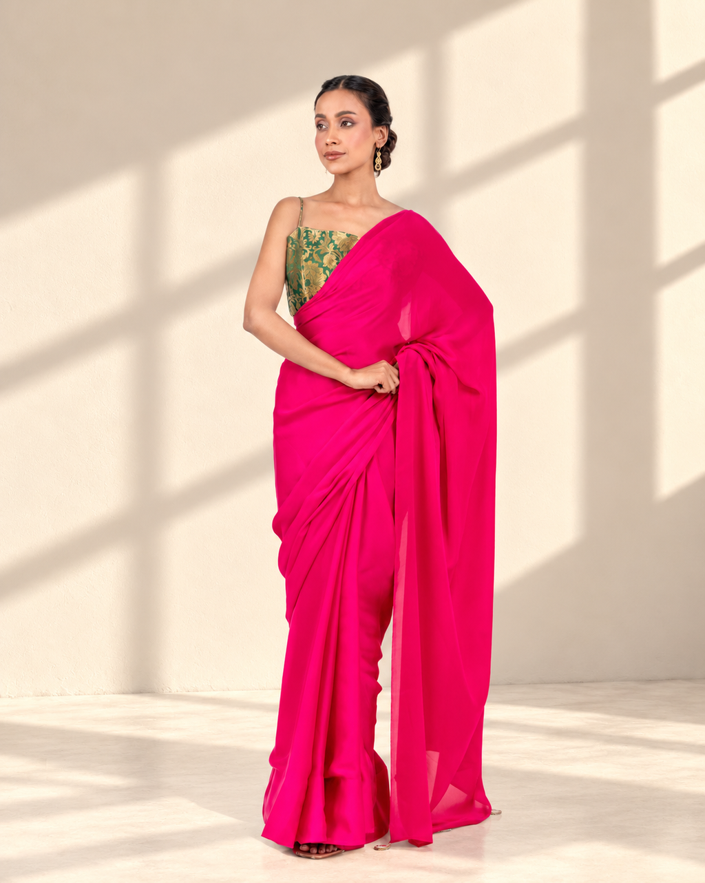 Hot Pink Satin Saree with Handcrafted Mirror Tassels and Matching Satin Blouse Piece | Fall & Pico Ready