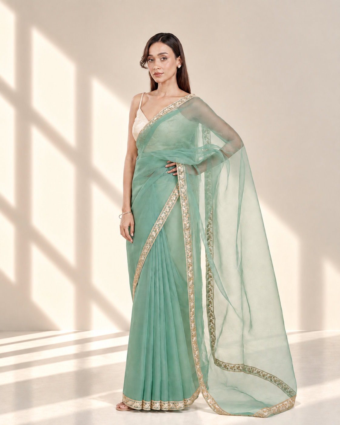 Sea Green Organza Saree with Floral Embroidered Lace Border and Matching Organza Blouse Piece | Fall & Pico Ready