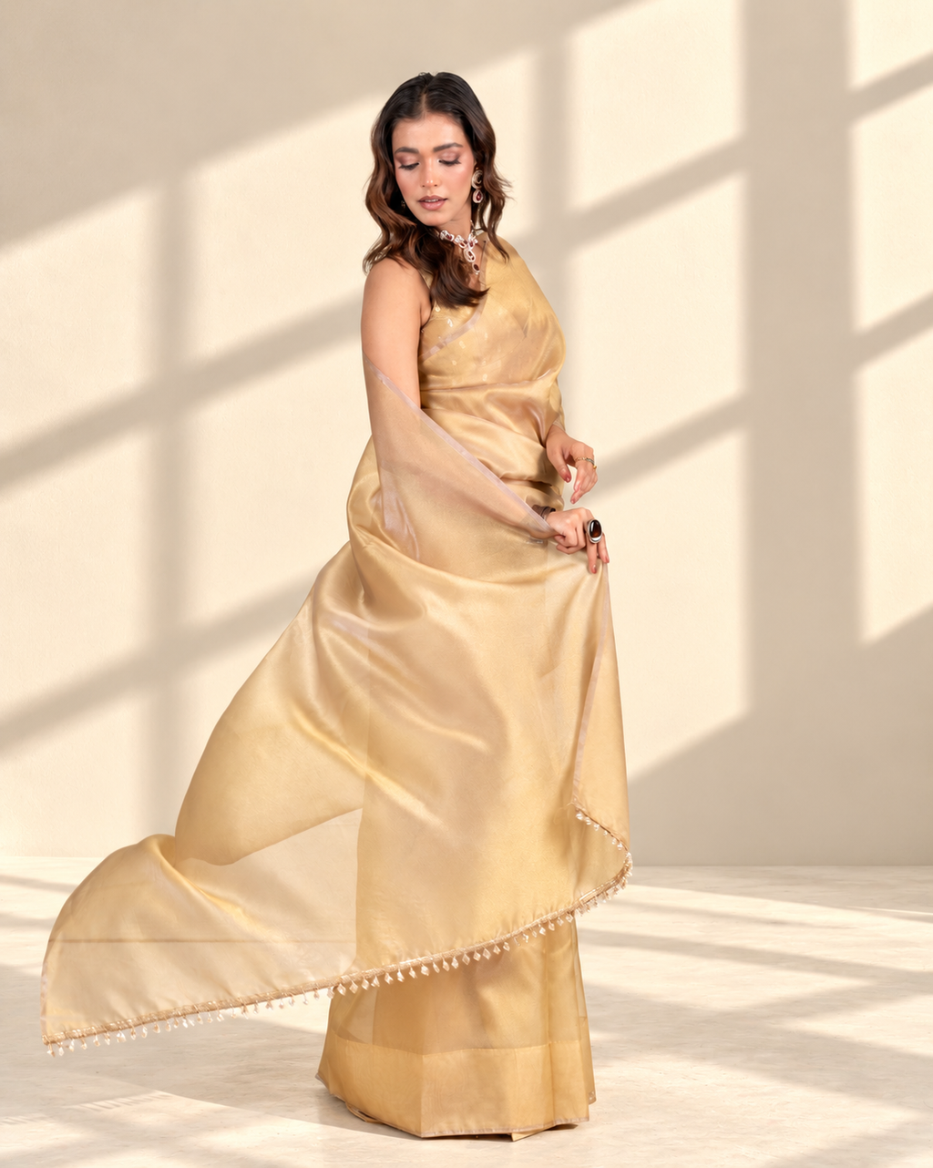 Chikoo Organza Saree with Handcrafted Crystal Beads Lace & Golden Buti Blouse Piece | Fall & Pico Ready