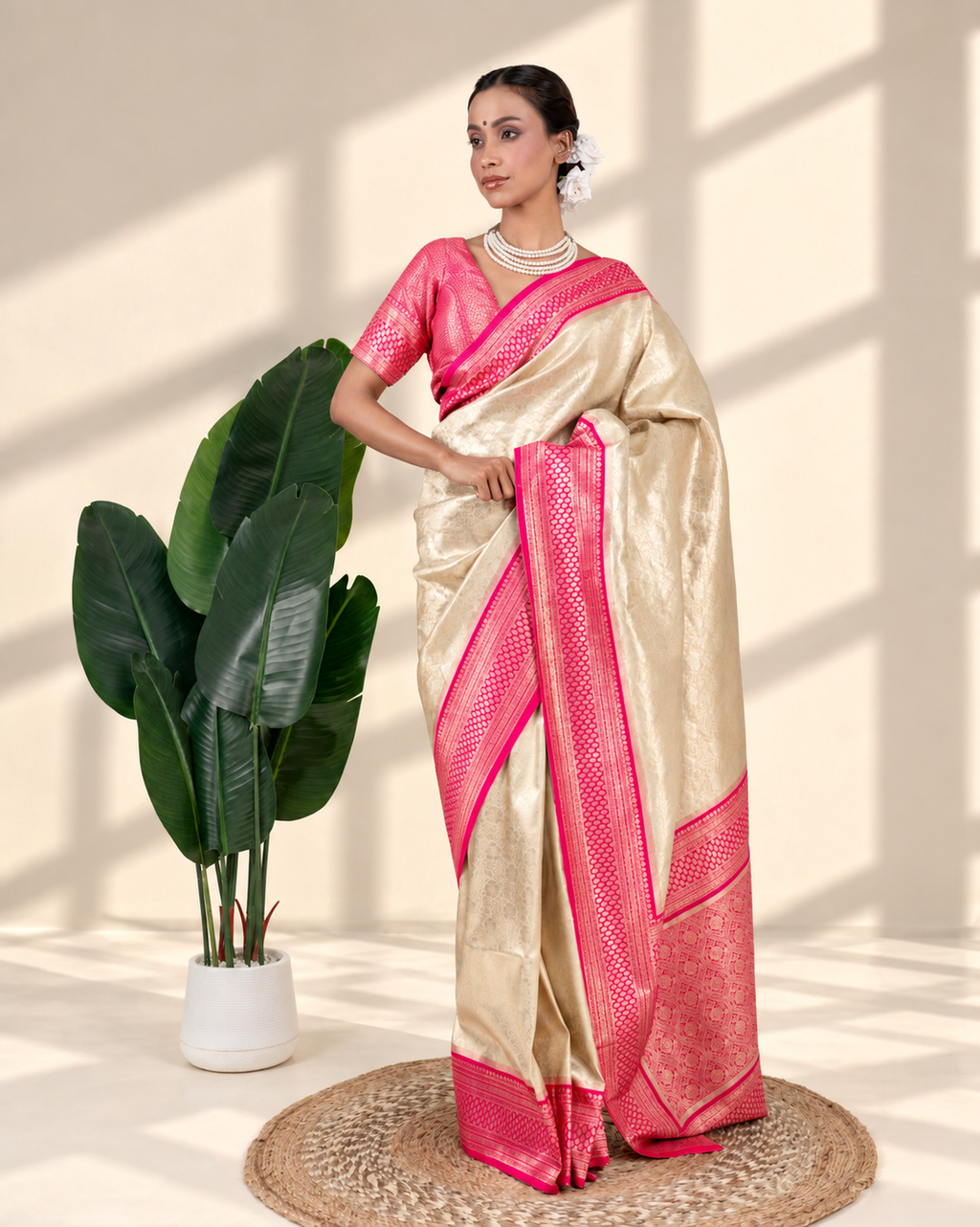 Champagne Gold Banarasi Silk Saree with Rani Pink Zari Border and Matching Blouse Piece | Fall & Pico Ready