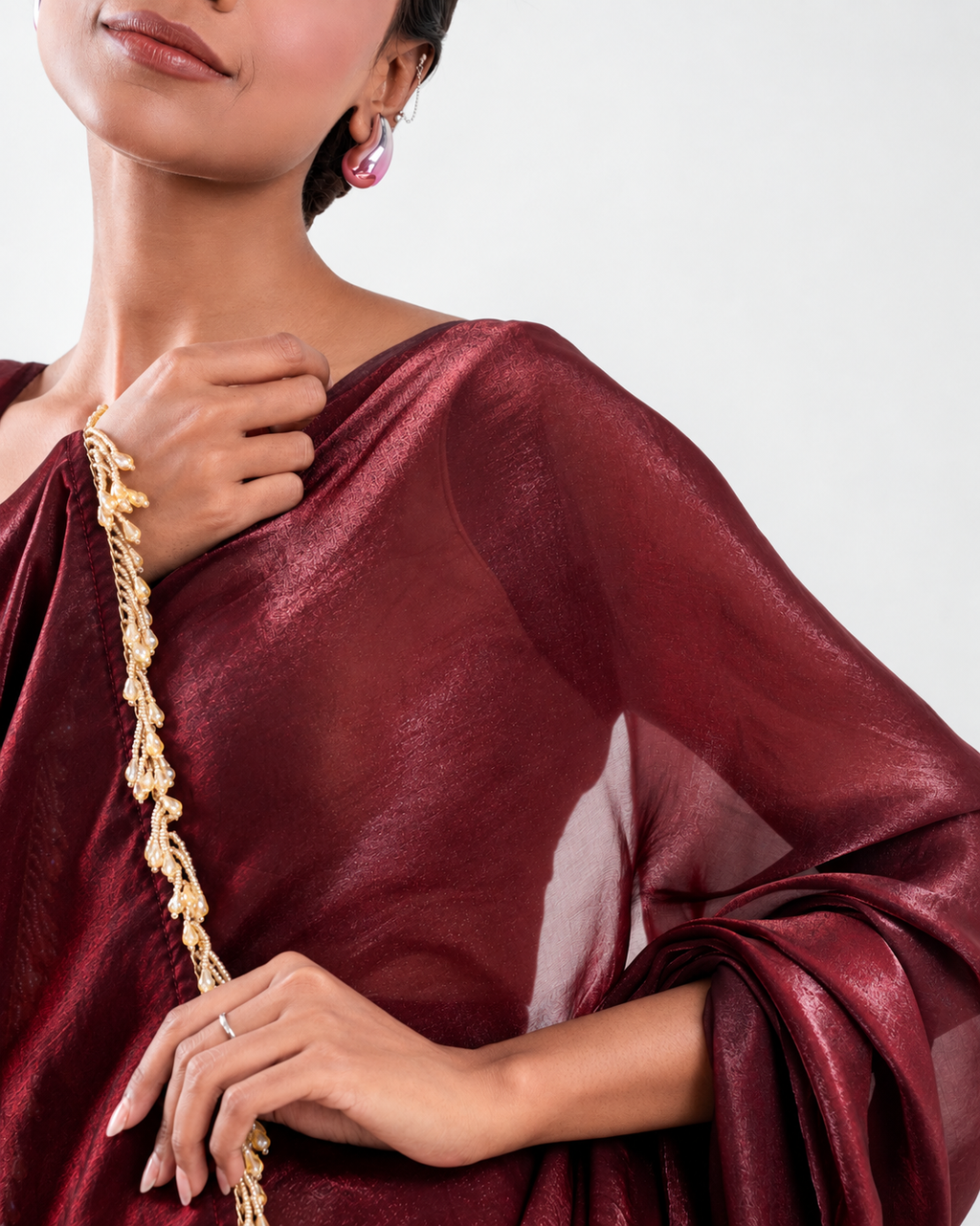 Burgundy Fendi Satin Saree with Handcrafted Beaded Lace and Matching Blouse Piece | Fall & Pico Ready