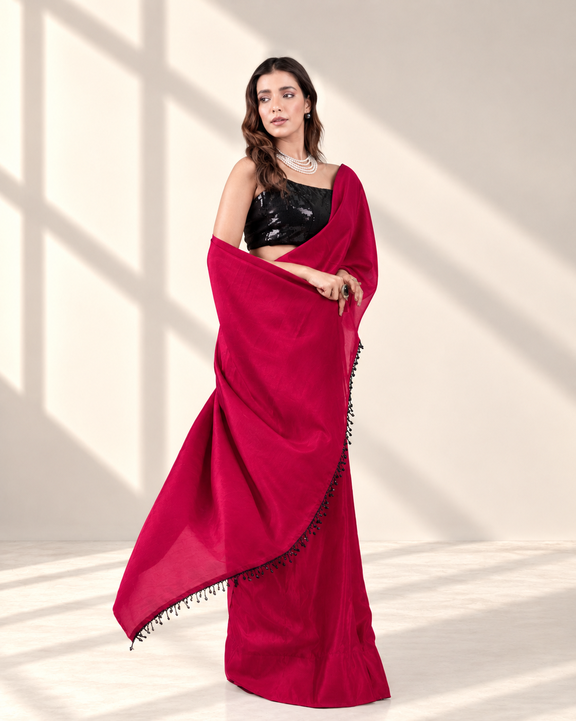 Ruby Red Silk Blend Saree with Handcrafted Black Lace and Matching Blouse Piece | Fall & Pico Ready