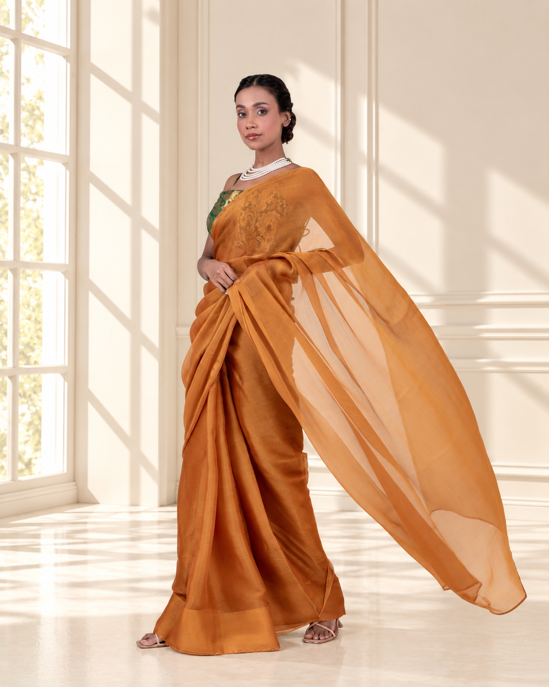Amber Gold Iconic Chiffon Saree with Handcrafted Mirror Tassels and Matching Blouse Piece | Fall & Pico Ready