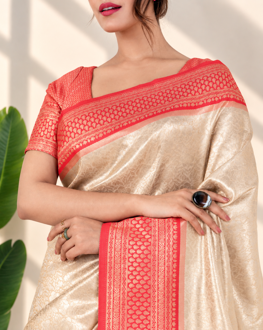Champagne Gold Banarasi Silk Saree with Coral Zari Border and Matching Blouse Piece | Fall & Pico Ready