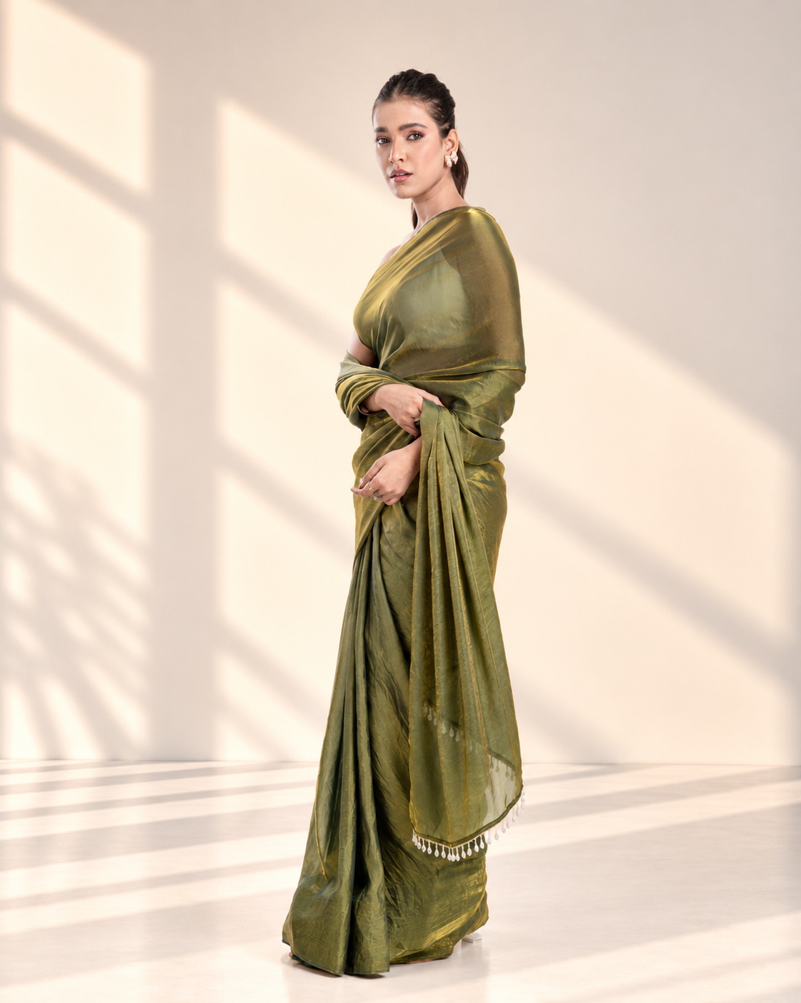 Olive Green Fendi Satin Saree with Handcrafted Crystal Drop Lace and Matching Blouse Piece | Fall & Pico Ready