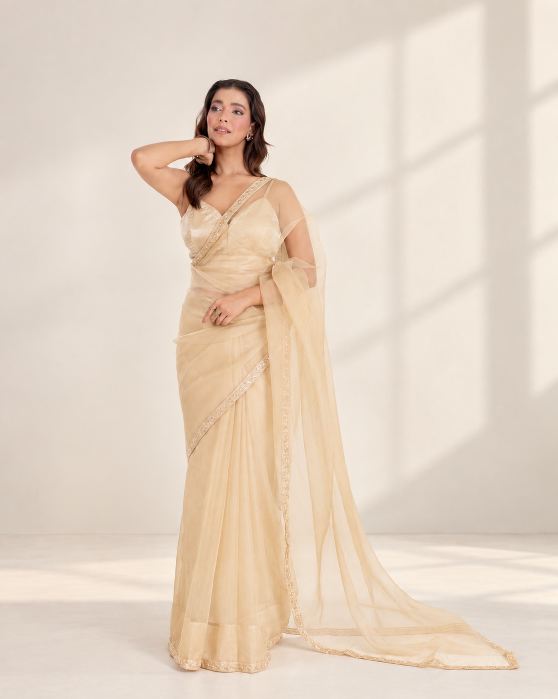 Champagne Organza Saree with Pearl & Cutdana Embroidered Lace Border and Matching Organza Blouse Piece | Fall & Pico Ready