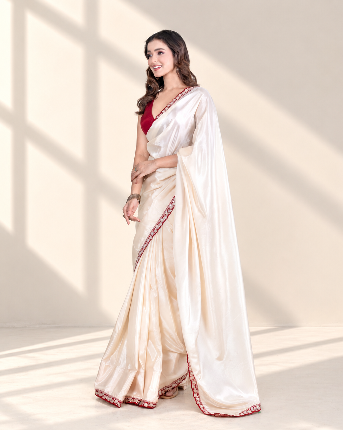 Ivory Silk Blend Saree with Maroon Embellished Border & Matching Blouse Piece | Fall & Pico Ready