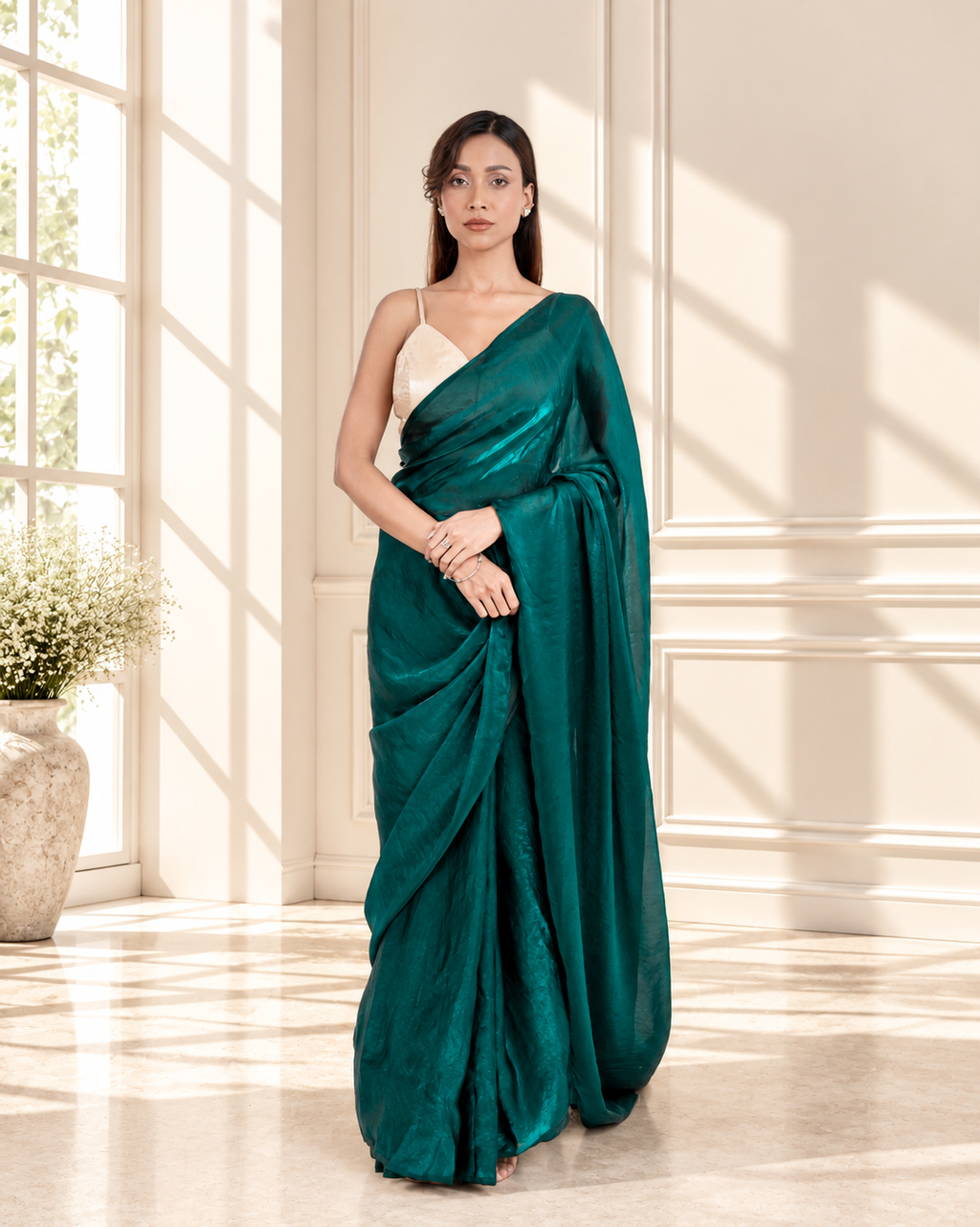 Emerald Fendi Satin Saree with Handcrafted Crystal Drop Lace and Matching Blouse Piece | Fall & Pico Ready