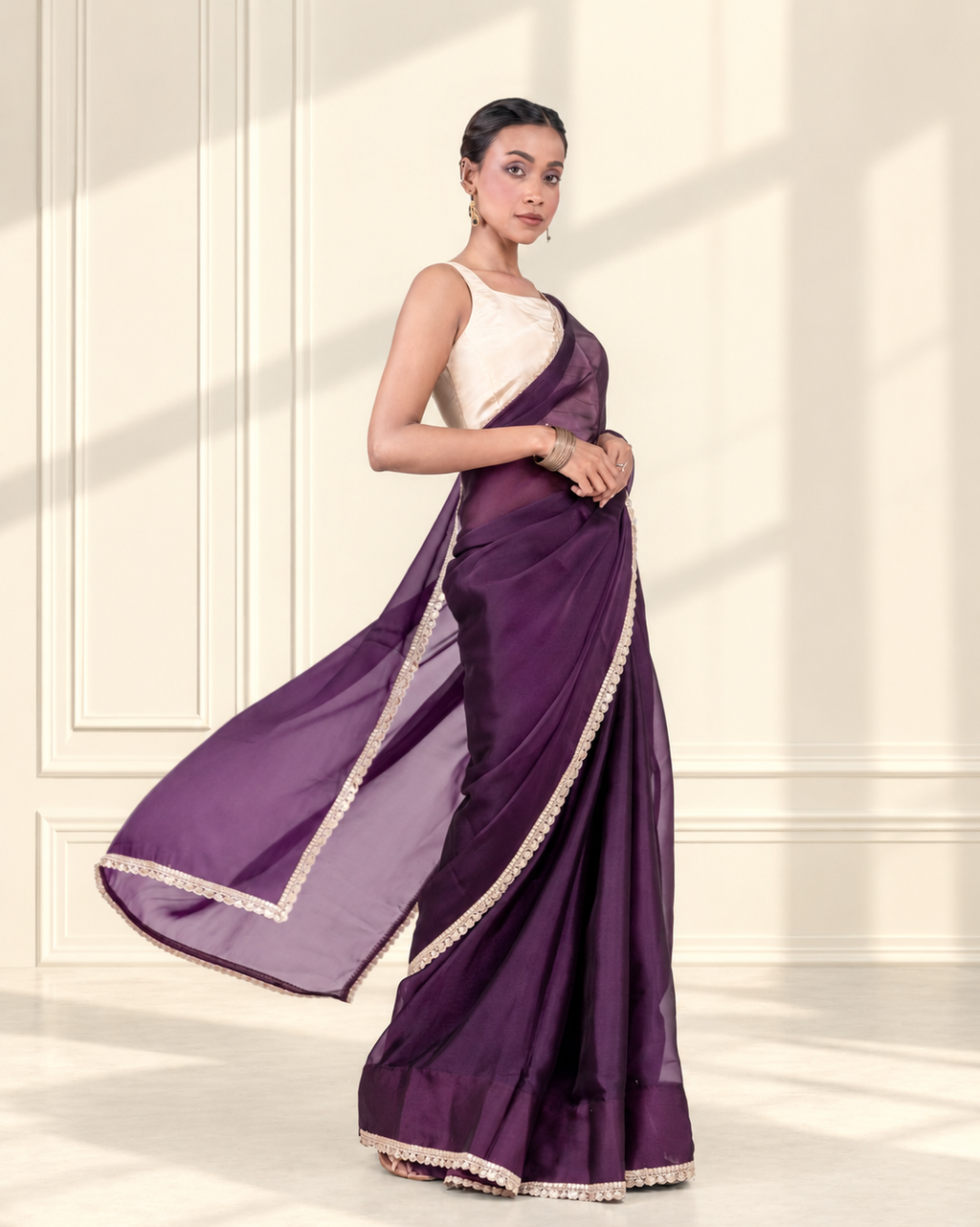 Royal Purple Sheer Organza Saree with Embroidered Lace and Matching Blouse Piece | Fall & Pico Ready