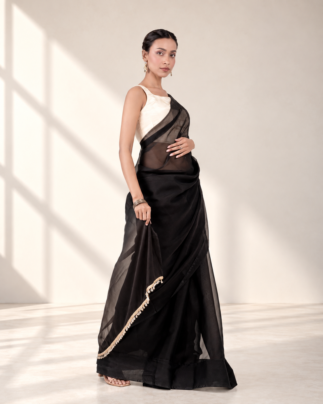 Classic Black Iconic Chiffon Saree with Handcrafted Crystal Lace and Matching Blouse Piece | Fall & Pico Ready